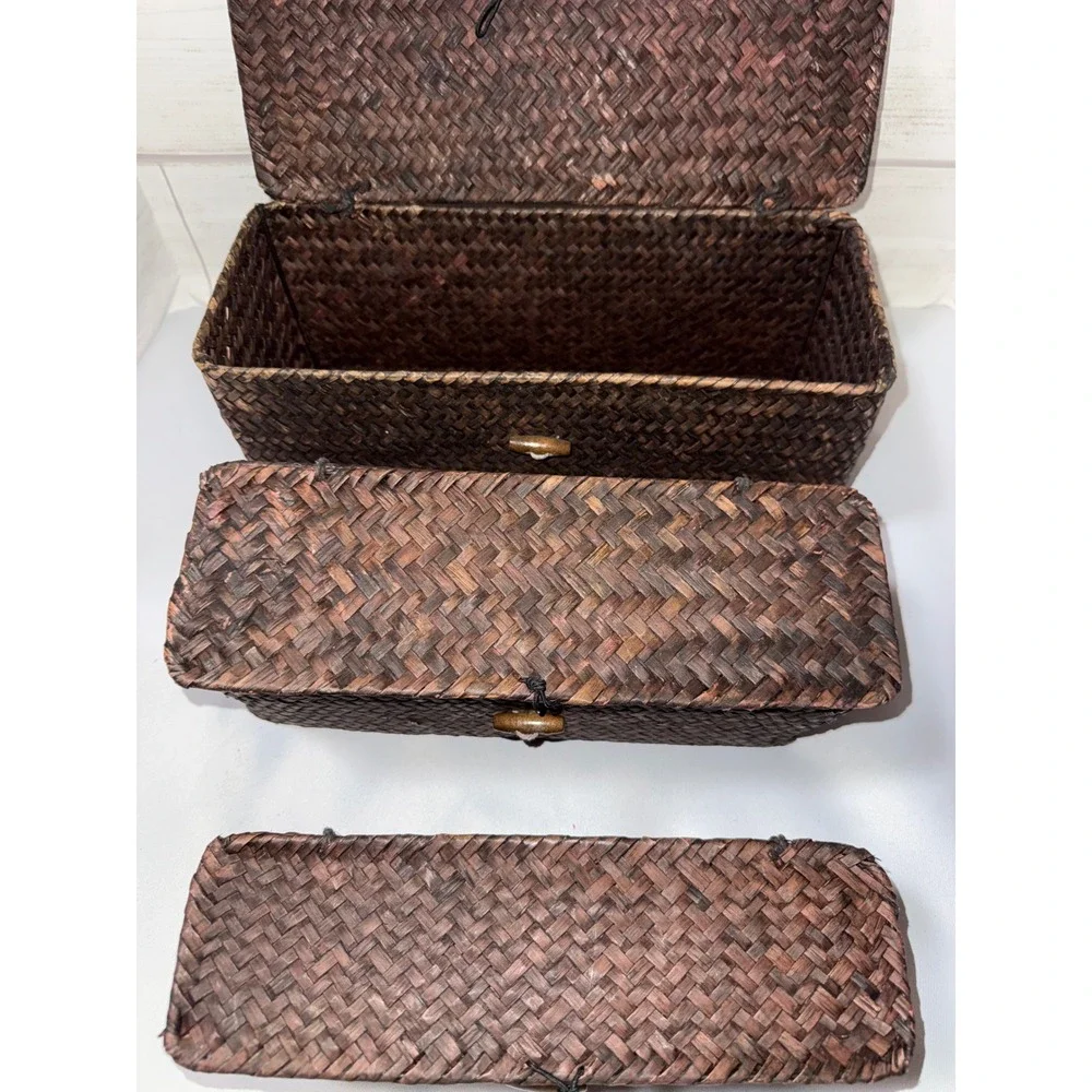 Set of 3 Nesting Woven Seagrass Storage Baskets Dark‎ Brown Rectangle Lidded Box